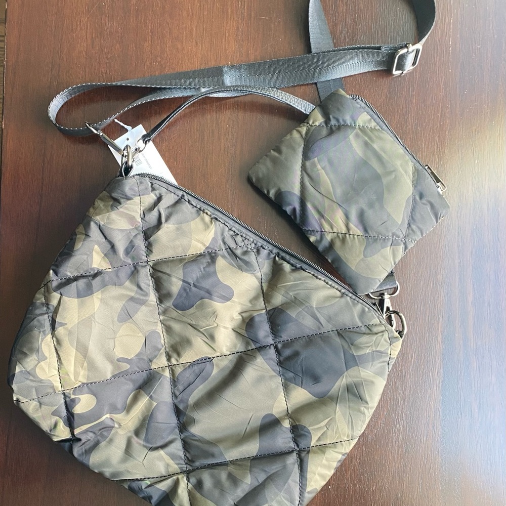 NWT Quilted Green/Black Camo Crossbody with Detachable Wristlette